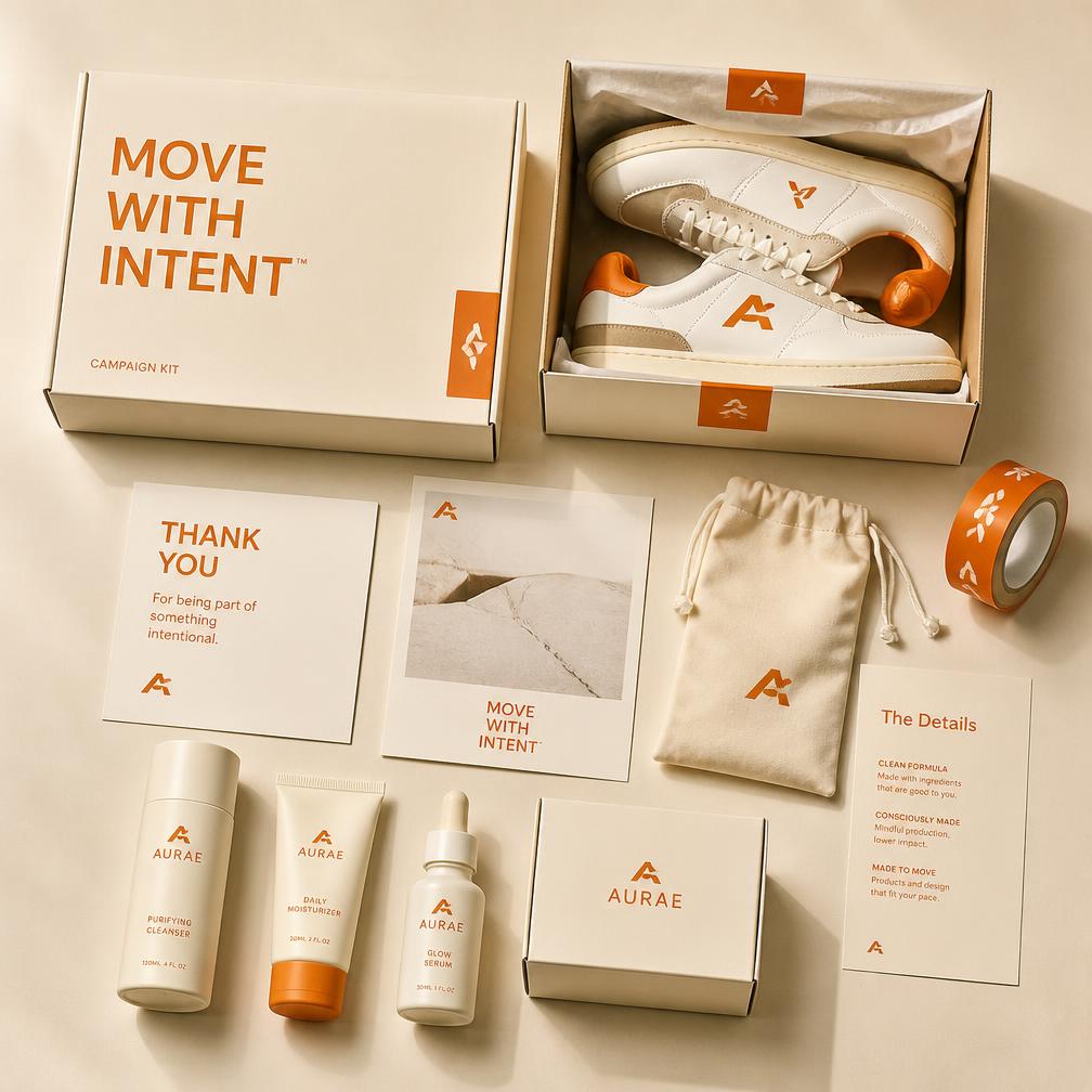 Brand campaign kit with products and printed briefs